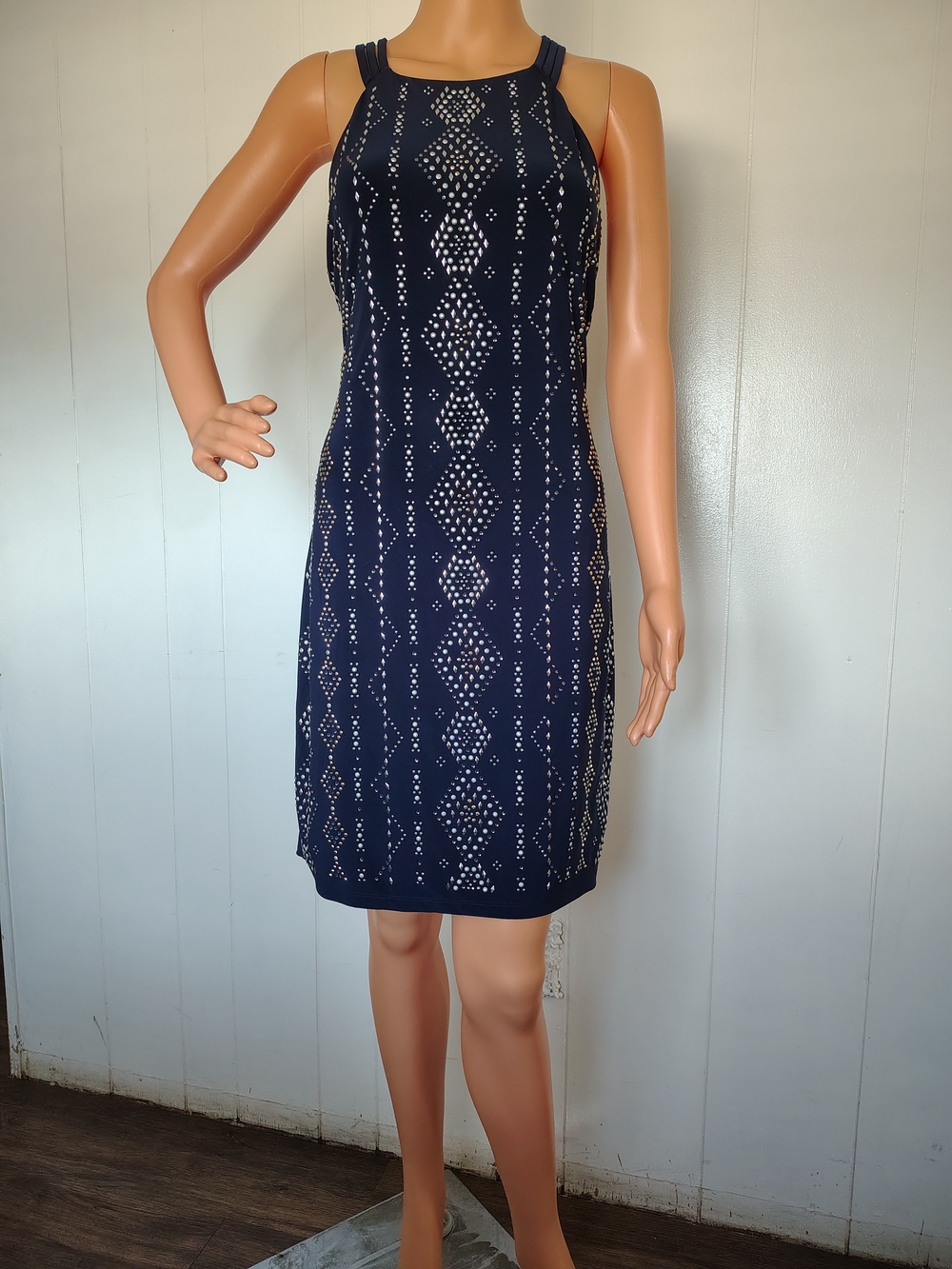 White House Black Market Navy Studded Halter Dress Size S.
